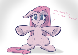 Size: 700x490 | Tagged: safe, artist:heir-of-rick, edit, pinkie pie, earth pony, pony, bronybait, chest fluff, cute, cuteamena, dialogue, dialogue edit, female, floppy ears, hugs needed, looking at you, mare, pinkamena diane pie, sad, simple background, sitting, solo, white background