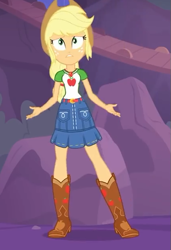 Size: 431x630 | Tagged: safe, screencap, applejack, better together, equestria girls, rollercoaster of friendship, belt, boots, clothes, cowboy boots, cowboy hat, cropped, denim skirt, female, freckles, geode of super strength, hat, shoes, skirt, stetson