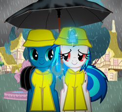 Size: 3600x3300 | Tagged: safe, artist:agkandphotomaker2000, dj pon-3, vinyl scratch, oc, oc:pony video maker, pegasus, pony, unicorn, canon x oc, fountain, levitation, magic, ponyville, rain, rain coat, telekinesis, umbrella, videoscratch