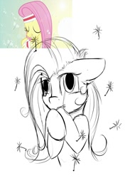 Size: 1200x1700 | Tagged: safe, artist:yuris, fluttershy, pegasus, pony, hurricane fluttershy, bust, cute, dandelion, ear fluff, female, floppy ears, hooves to the chest, looking at you, mare, portrait, scene interpretation, screencap reference, shy, shyabetes, sketch, smiling, solo, stray strand, three quarter view