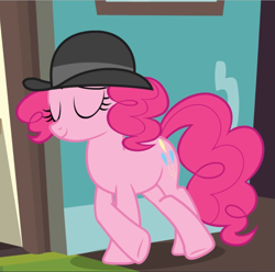 Size: 945x939 | Tagged: safe, screencap, pinkie pie, earth pony, pony, mmmystery on the friendship express, bowler hat, cool, cropped, crossed hooves, eyes closed, female, hat, leaning, mare, raised eyebrow, smiling, smirk, smug