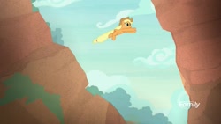 Size: 1920x1080 | Tagged: safe, screencap, applejack, earth pony, pony, sounds of silence, cliff, female, jumping, leaping, mare, ravine, solo