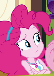 Size: 432x599 | Tagged: safe, screencap, pinkie pie, rarity, better together, equestria girls, schedule swap, cropped, crossed arms, female, geode of sugar bombs, magical geodes, offscreen character, raised eyebrow