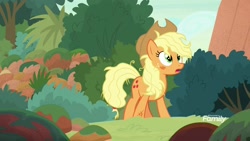 Size: 1920x1080 | Tagged: safe, screencap, applejack, earth pony, pony, sounds of silence, alternate hairstyle, applejack's hat, bush, cowboy hat, discovery family logo, female, forest, hat, looking up, mare, messy mane, moss, open mouth, scuff mark, solo, surprised