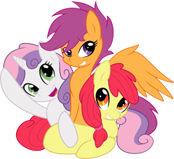 Size: 6563x6000 | Tagged: safe, artist:ambris, artist:serenawyr, apple bloom, scootaloo, sweetie belle, absurd resolution, cuddle puddle, cutie mark crusaders, pony pile, simple background, transparent background