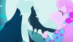 Size: 1883x1080 | Tagged: safe, screencap, fluttershy, wolf, better together, equestria girls, the last drop, clothes, howling, three wolf moon