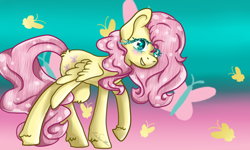 Size: 1000x600 | Tagged: safe, artist:lucy1123, fluttershy, butterfly, pegasus, pony, female, gradient background, looking at you, mare, raised hoof, smiling, solo, spread wings, standing, wings