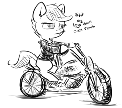 Size: 1073x947 | Tagged: safe, artist:nobody, scootaloo, clothes, jacket, monochrome, motorcycle, solo, vulgar