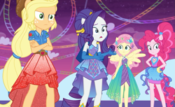 Size: 1173x720 | Tagged: safe, screencap, applejack, fluttershy, pinkie pie, rarity, better together, equestria girls, rollercoaster of friendship, clothes, cowboy hat, dress, equestria land, female, freckles, gloves, hat, ponied up, pony ears, ponytail, skirt, stetson, super ponied up, wings