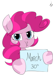 Size: 1000x1414 | Tagged: safe, artist:emositecc, pinkie pie, earth pony, pony, kissy face, march, scrunchy face, sign, solo, unamused