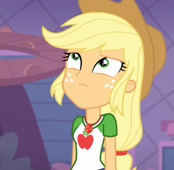 Size: 741x720 | Tagged: safe, screencap, applejack, better together, equestria girls, rollercoaster of friendship, clothes, cowboy hat, cropped, female, geode of super strength, hat, looking up