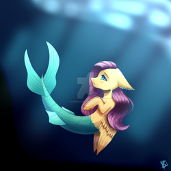 Size: 1600x1600 | Tagged: safe, artist:sairpav, fluttershy, merpony, seapony (g4), chest fluff, crepuscular rays, deviantart watermark, fin, fishing hook, floppy ears, hook, jewelry, lidded eyes, necklace, obtrusive watermark, profile, seaponified, seapony fluttershy, solo, species swap, underwater, watermark, wings