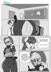 Size: 1200x1697 | Tagged: safe, artist:pia-sama, apple bloom, applejack, spike, anthro, dragon, earth pony, comic:rogue diamond, adult, adult spike, apple bloomed, breasts, clothes, comic, cowboy hat, female, hat, mare, monochrome, older, older apple bloom, older spike, stetson, this did not end in pain and/or death