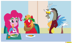 Size: 2785x1661 | Tagged: safe, artist:conikiblasu-fan, big macintosh, discord, pinkie pie, draconequus, earth pony, pony, brotherhooves social, equestria girls, rainbow rocks, annoyed, carrot, chair, discord is not amused, eye contact, eyebrows, female, food, frown, glare, gritted teeth, high res, imitation, lettuce, lidded eyes, looking at each other, male, orange, sideways glance, sitting, smiling, smirk, snaggletooth, stallion, table, unamused, watermark, wide eyes, window