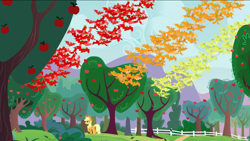 Size: 1440x810 | Tagged: safe, screencap, applejack, bat, earth pony, fruit bat, pony, apple family reunion, apple orchard, apple tree, female, flying, mare, orchard, tree, west orchard