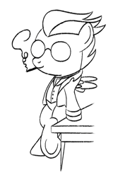 Size: 600x900 | Tagged: safe, anonymous artist, derpibooru exclusive, rumble, pegasus, pony, marks and recreation, anarchism, anarchy, bipedal, bipedal leaning, black and white, cigarette, clothes, colt, egoist anarchism, glasses, grayscale, leaning, male, max stirner, monochrome, ponified, simple background, smiling, smoking, smug, solo, spook, spread wings, underhoof, white background, wings