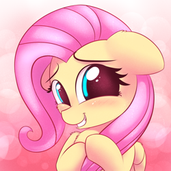 Size: 2300x2300 | Tagged: safe, artist:heavymetalbronyyeah, fluttershy, pegasus, pony, abstract background, blushing, bust, cheek fluff, cute, ear fluff, female, floppy ears, folded wings, hair grab, high res, hooves together, looking at you, mare, portrait, shy, shyabetes, smiling, solo, wing fluff, wings