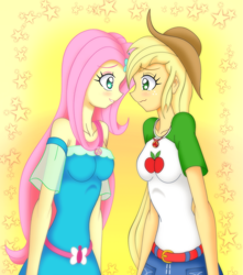 Size: 2319x2628 | Tagged: safe, alternate version, artist:grandzebulon, applejack, fluttershy, better together, equestria girls, sounds of silence, belt, blushing, clothes, cowboy hat, cute, denim skirt, dress, equestria girls interpretation, female, geode of fauna, geode of telekinesis, hat, looking at each other, scene interpretation, shirt, skirt, smiling, stetson