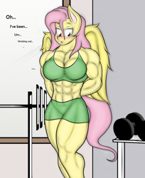 Size: 1314x1607 | Tagged: safe, artist:calm wind, artist:matchstickman, edit, fluttershy, anthro, 1000 years in photoshop, abs, adorasexy, barbell, biceps, blushing, breasts, cleavage, clothes, cute, deltoids, dialogue, dumbbell (object), female, gym, hand behind back, hootershy, midriff, muscles, muscleshy, muscular female, pecs, sexy, shy, solo, sports bra, sports shorts, workout outfit