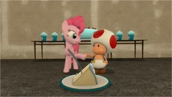 Size: 1600x900 | Tagged: safe, artist:daniotheman, pinkie pie, earth pony, pony, 3d, cake, crossover, crossover shipping, cupcake, food, gmod, nintendo, shipping, super mario bros., toad (mario bros), toad pie