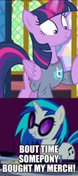 Size: 500x1128 | Tagged: safe, edit, edited screencap, screencap, dj pon-3, twilight sparkle, twilight sparkle (alicorn), vinyl scratch, alicorn, pony, unicorn, a trivial pursuit, suited for success, caption, clothes, cropped, image macro, meme, shirt, t-shirt, text