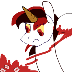 Size: 1500x1500 | Tagged: safe, artist:swiftnicity, oc, oc only, oc:blackjack, pony, unicorn, fallout equestria, fallout equestria: project horizons, blackjack punches things, food, ice cream cone, ketchup, not blood, sauce, simple background, solo, white background