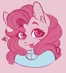 Size: 1280x1423 | Tagged: safe, artist:salty-irish-potato, pinkie pie, anthro, earth pony, :p, blushing, bust, clothes, cute, diapinkes, ear fluff, female, heart, mare, pink background, portrait, silly, simple background, solo, tongue out