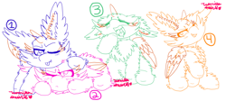 Size: 1024x458 | Tagged: safe, artist:vanillaswirl6, pony, :<, :p, annoyed, cheek fluff, chest fluff, chibi, cute, drool, ear fluff, eyes closed, fluffy, hoof fluff, lineart, looking at each other, one eye closed, open mouth, prone, quartet, raised hoof, sharp teeth, signature, simple background, sitting, teeth, tired, tongue out, white background, wink, yawn, your character here