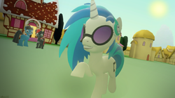 Size: 3840x2160 | Tagged: safe, artist:agkandphotomaker2000, dj pon-3, vinyl scratch, oc, oc:arnold the pony, oc:pony video maker, pony, unicorn, 3d, ocs in the background, ponies in the background, ponyville, sugarcube corner, walking around town