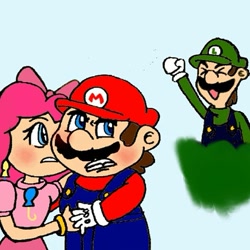 Size: 679x679 | Tagged: safe, artist:sonasnas, pinkie pie, human, angry, blushing, bush, cheering, crossover, crossover shipping, embarrassed, eyes closed, fist pump, frown, glare, gritted teeth, holding hands, humanized, looking back, luigi, mario, mariopie, shipper on deck, shipping, simple background, super mario bros., white background