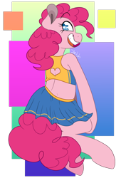 Size: 1200x1767 | Tagged: safe, artist:2k.bugbytes, pinkie pie, anthro, semi-anthro, cheerleader pinkie, clothes, cute, diapinkes, midriff, open mouth, rear view, simple background, skirt, solo, transparent background, wingding eyes