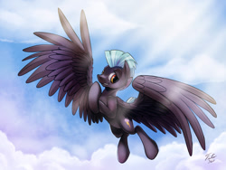 Size: 900x677 | Tagged: safe, artist:tsitra360, thunderlane, pegasus, pony, cloud, cloudy, crepuscular rays, flying, grin, looking at you, male, sky, smirk, solo, spread wings, stallion