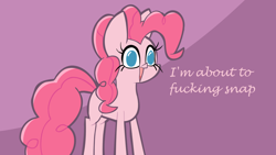 Size: 1280x720 | Tagged: safe, artist:mallowzartz, pinkie pie, pony, missing cutie mark, no pupils, open mouth, reaction image, solo, vulgar