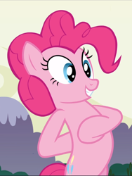 Size: 708x940 | Tagged: safe, screencap, pinkie pie, earth pony, pony, too many pinkie pies, bipedal, cropped, female, hoof on chest, hooves behind back, mare, smiling, solo