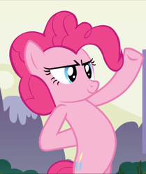 Size: 784x940 | Tagged: safe, screencap, pinkie pie, earth pony, pony, too many pinkie pies, bipedal, cropped, female, hooves behind back, mare, raised hoof, smiling, solo, underhoof