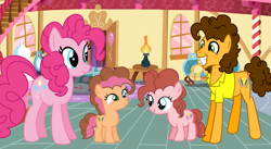 Size: 1537x841 | Tagged: safe, artist:lillyrosefantage, artist:riotive, artist:selenaede, artist:velvetsparkleyt, edit, cheese sandwich, pinkie pie, oc, oc:cheese pie, oc:party pie, earth pony, pony, base used, cheesepie, family, female, filly, heterochromia, male, offspring, parent:cheese sandwich, parent:pinkie pie, parents:cheesepie, shipping, straight