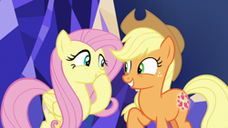 Size: 1280x720 | Tagged: safe, screencap, applejack, fluttershy, earth pony, pegasus, pony, sounds of silence, cute, female, happy, jackabetes, looking at each other, mare, raised hoof, shyabetes, smiling