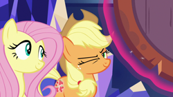 Size: 1280x720 | Tagged: safe, screencap, applejack, fluttershy, earth pony, pegasus, pony, sounds of silence, one eye closed, wink