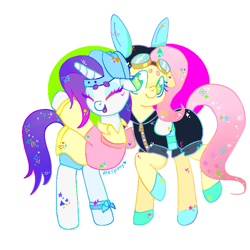 Size: 750x750 | Tagged: safe, artist:softyshy, fluttershy, rarity, pegasus, pony, unicorn, alternate hairstyle, bunny ears, clothes, costume, cute, dangerous mission outfit, disguise, female, flarity, goggles, hat, hoodie, lesbian, pixel art, plainity, shipping, simple background