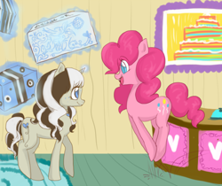 Size: 500x419 | Tagged: safe, artist:laceymod, pinkie pie, oc, oc:lovelace, pony, unicorn, ask lovelace, female, mare