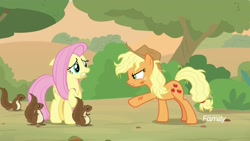 Size: 1920x1080 | Tagged: safe, screencap, applejack, fluttershy, earth pony, pegasus, pony, squirrel, sounds of silence, angry