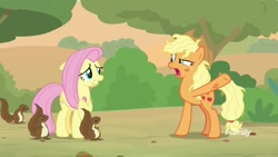 Size: 1920x1080 | Tagged: safe, screencap, applejack, fluttershy, earth pony, pegasus, pony, squirrel, sounds of silence, angry