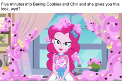 Size: 960x642 | Tagged: safe, edit, edited screencap, editor:countcoltnackh, screencap, pinkie pie, better together, equestria girls, the craft of cookies, bedroom eyes, bow, bronybait, caption, chocolate chips, cookie, curtains, cute, diapinkes, exploitable meme, female, food, frosting, image macro, looking at you, meme, solo, text, what do, window, wyd