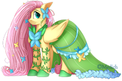 Size: 2897x1915 | Tagged: safe, artist:mediasmile666, fluttershy, pegasus, pony, cheek fluff, chest fluff, clothes, cute, dress, ear fluff, eye clipping through hair, female, floppy ears, flower, flower in hair, gala dress, hair over one eye, long mane, looking at you, mare, shyabetes, simple background, smiling, solo, speedpaint available, starry eyes, transparent background, wingding eyes