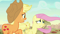 Size: 1280x720 | Tagged: safe, screencap, applejack, fluttershy, earth pony, pegasus, pony, sounds of silence, female, mare