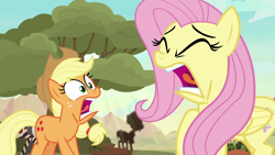 Size: 1280x720 | Tagged: safe, screencap, applejack, fluttershy, earth pony, pegasus, pony, sounds of silence, faic, screaming