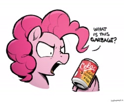 Size: 2106x1738 | Tagged: safe, artist:selenophile, pinkie pie, earth pony, pony, angry, coke, dialogue, female, hoof hold, mare, offended, signature, simple background, soda, soda can, solo, sugar free, truth, white background