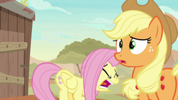 Size: 1280x720 | Tagged: safe, screencap, applejack, fluttershy, earth pony, pegasus, pony, sounds of silence, screaming