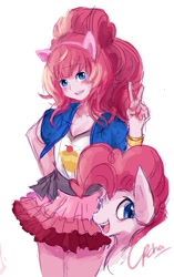 Size: 631x1003 | Tagged: safe, artist:sharkehchas, pinkie pie, human, pony, equestria girls, bishoujo, blushing, clothes, cute, diapinkes, female, human ponidox, humanized, kotobukiya, kotobukiya pinkie pie, miniskirt, moe, open mouth, peace sign, pony ears, self ponidox, simple background, skirt, white background