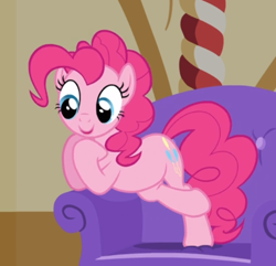 Size: 606x583 | Tagged: safe, screencap, pinkie pie, earth pony, pony, just for sidekicks, chair, cropped, crossed hooves, cute, diapinkes, female, hoof on chin, looking down, mare, open mouth, smiling, solo, standing, standing on one leg